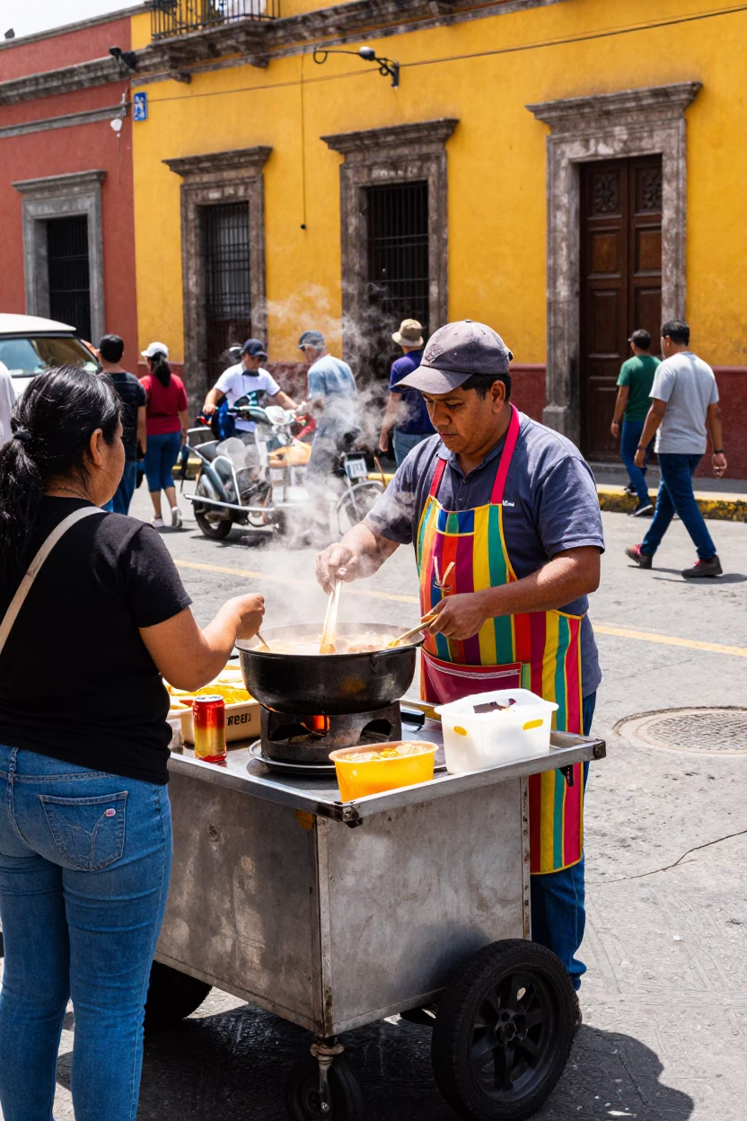 Vibrant Mexico City Street Scene with Vendor Selling Hotpot at Midday in in Mexico City, Mexico