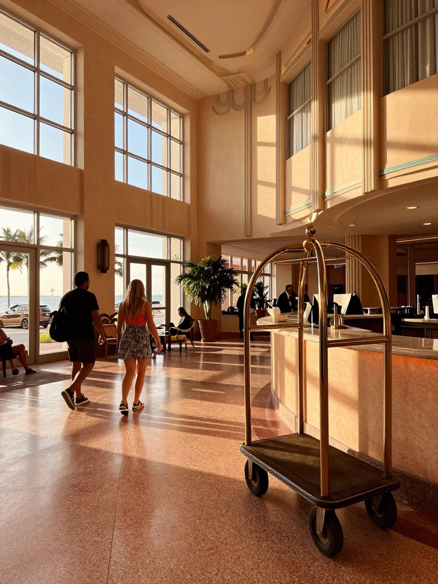 Vibrant Miami Art Deco Hotel Lobby with Casters and Porcelain in Honeyed Evening Light in in Miami, Florida, United States