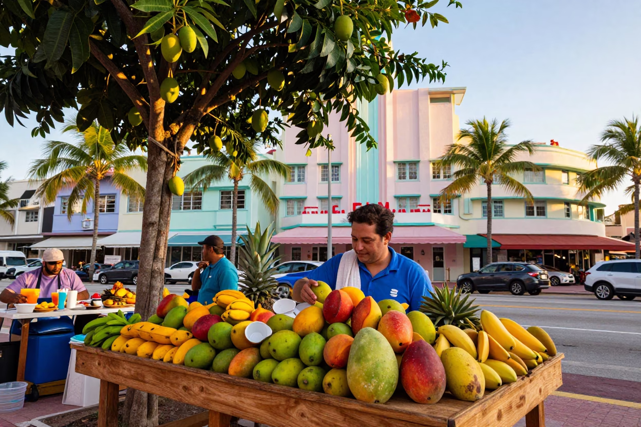 Vibrant Miami Breakfast Scene with Mango Tree and Fruit Stall at Sunrise in in Miami, Florida, United States