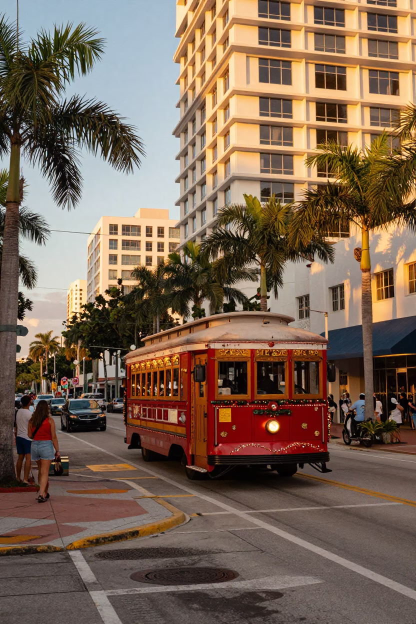 Vibrant Miami Florida Street Scene with Vintage Christmas Tramcar and Colorful Urban Details in in Miami, Florida, United States