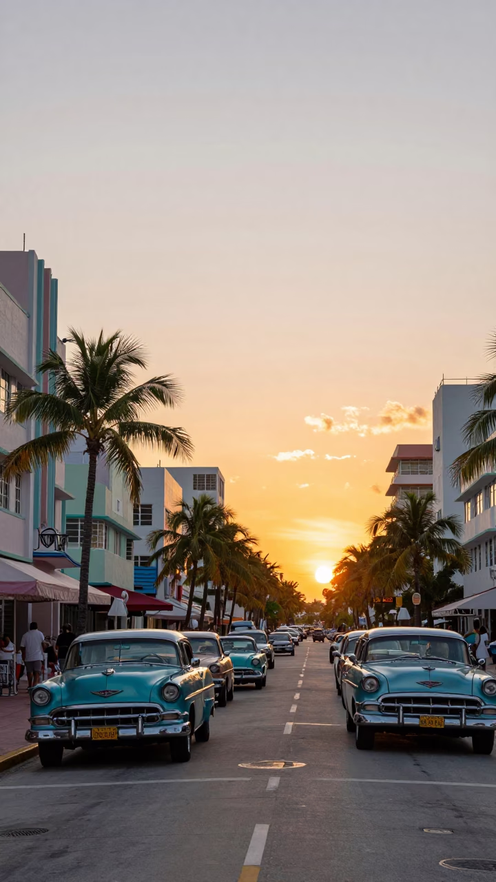 Vibrant Miami Florida Sunset Street Scene with Classic Cars and Colorful Architecture in in Miami, Florida, United States