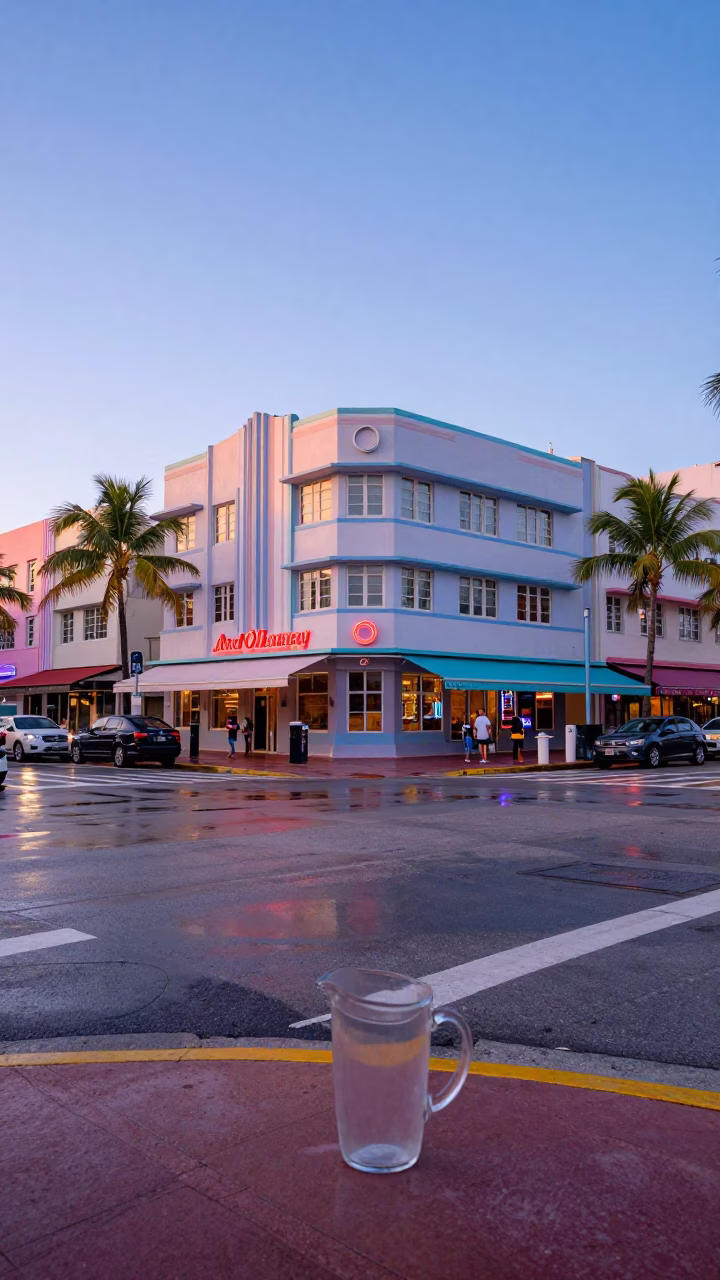Vibrant Miami Street Corner Before Sunrise with Glass Pitcher and Umbrella Stand in in Miami, Florida, United States