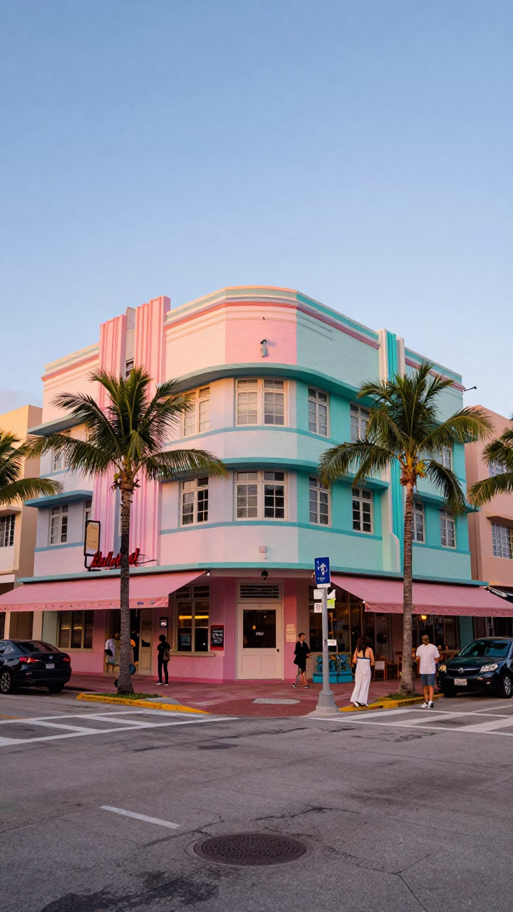 Vibrant Miami Street Corner Early Evening with Colorful Building Facades and Pedestrians in in Miami, Florida, United States