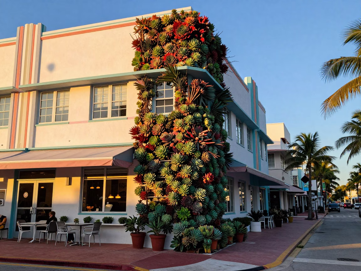 Vibrant Miami Street Scene at Dawn with Succulents and Morning Glory Clouds in in Miami, Florida, United States