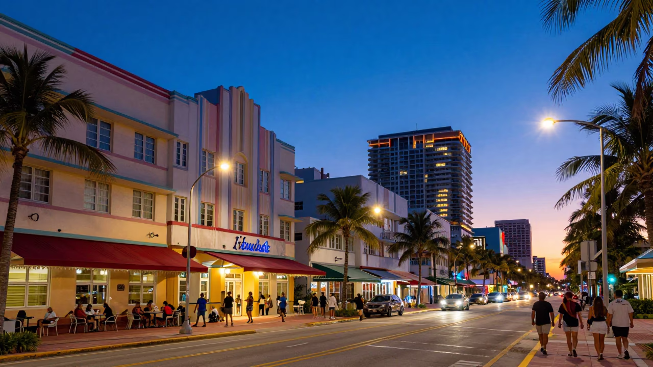 Vibrant Miami Street Scene at Dusk with Colorful Architecture and Urban Activity in in Miami, Florida, United States