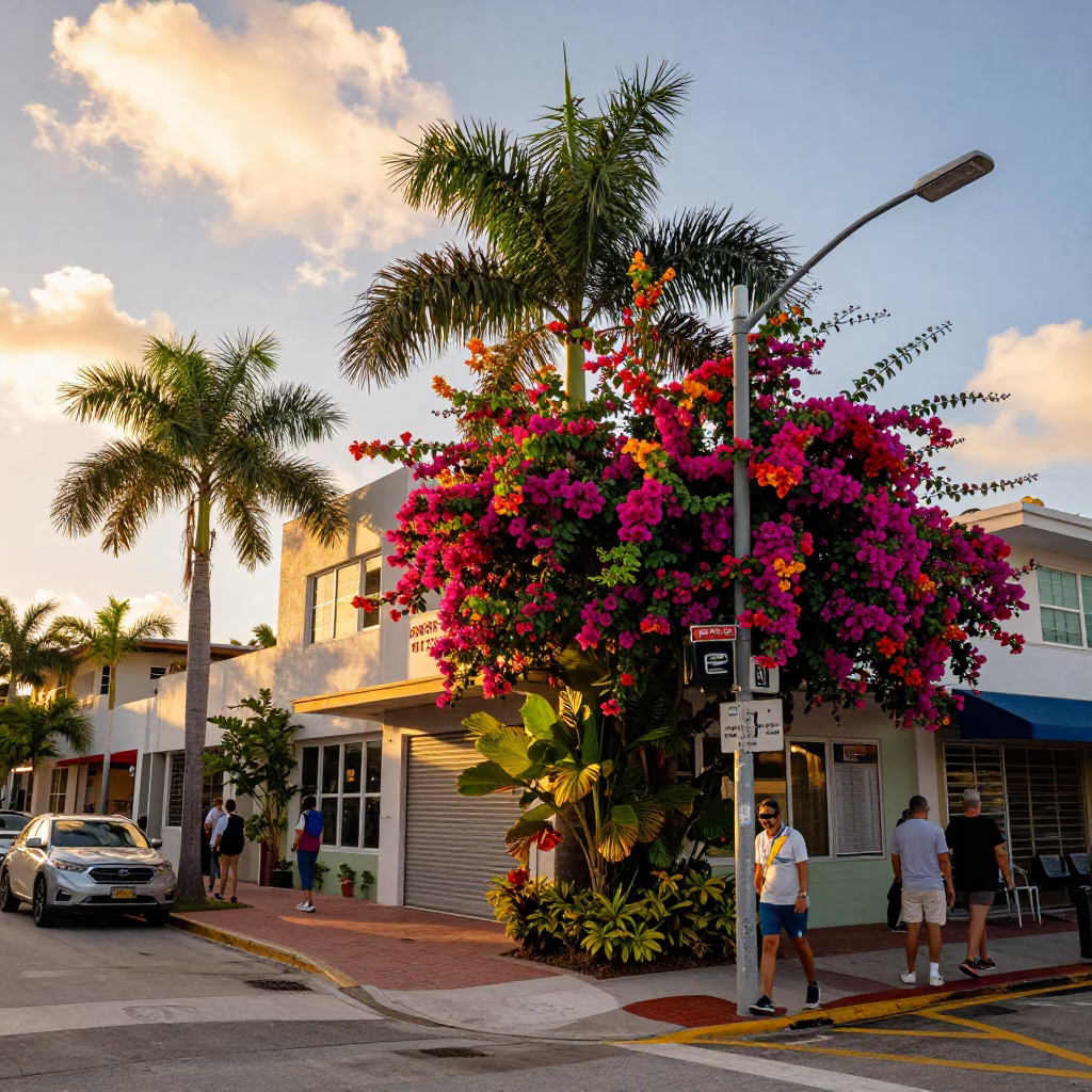 Vibrant Miami Street Scene at Golden Hour with Colorful Flowering Plants and Urban Architecture in in Miami, Florida, United States