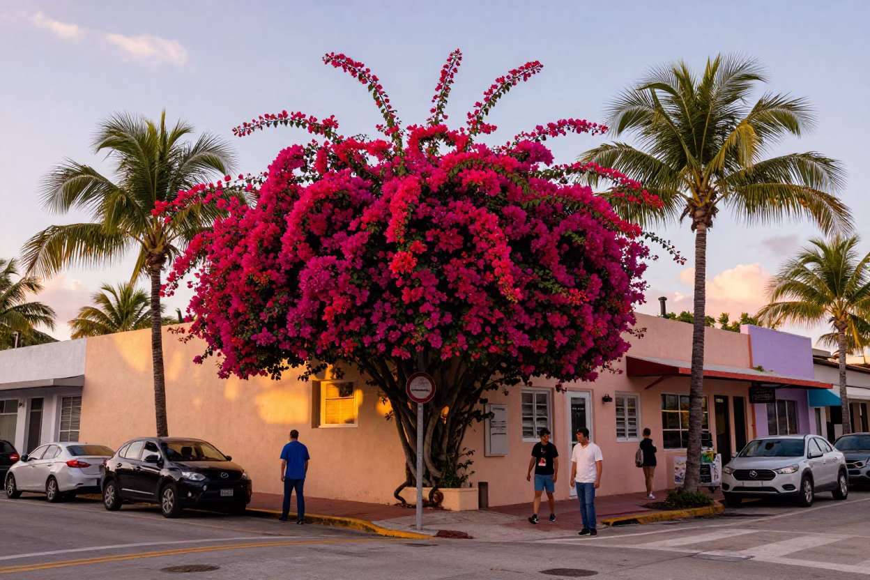 Vibrant Miami Street Scene with Bougainvillea and Palm Trees at Early Evening in in Miami, Florida, United States