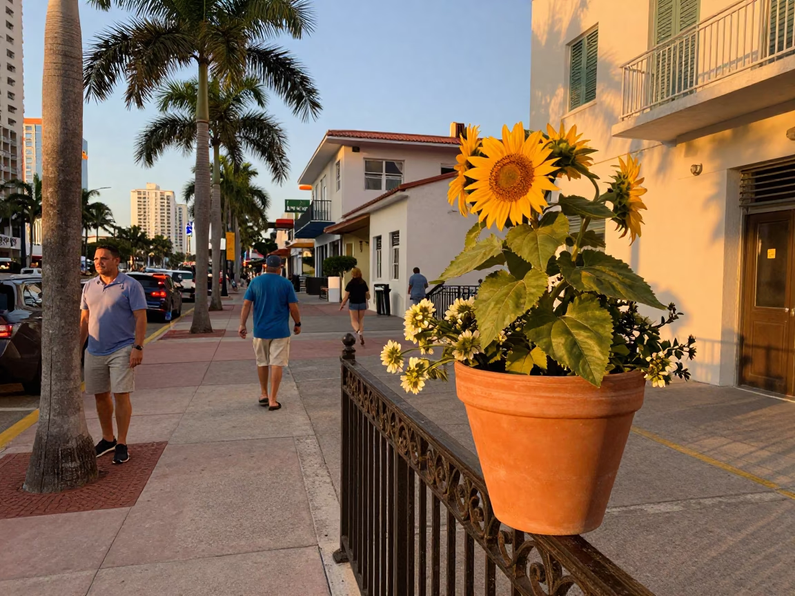 Vibrant Miami Street Scene with Flowerpot and Sunflowers in Honeyed Evening Light in in Miami, Florida, United States