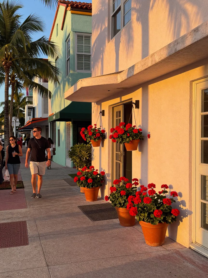 Vibrant Miami Street Scene with Potted Geraniums at Golden Hour Before Sunset in in Miami, Florida, United States
