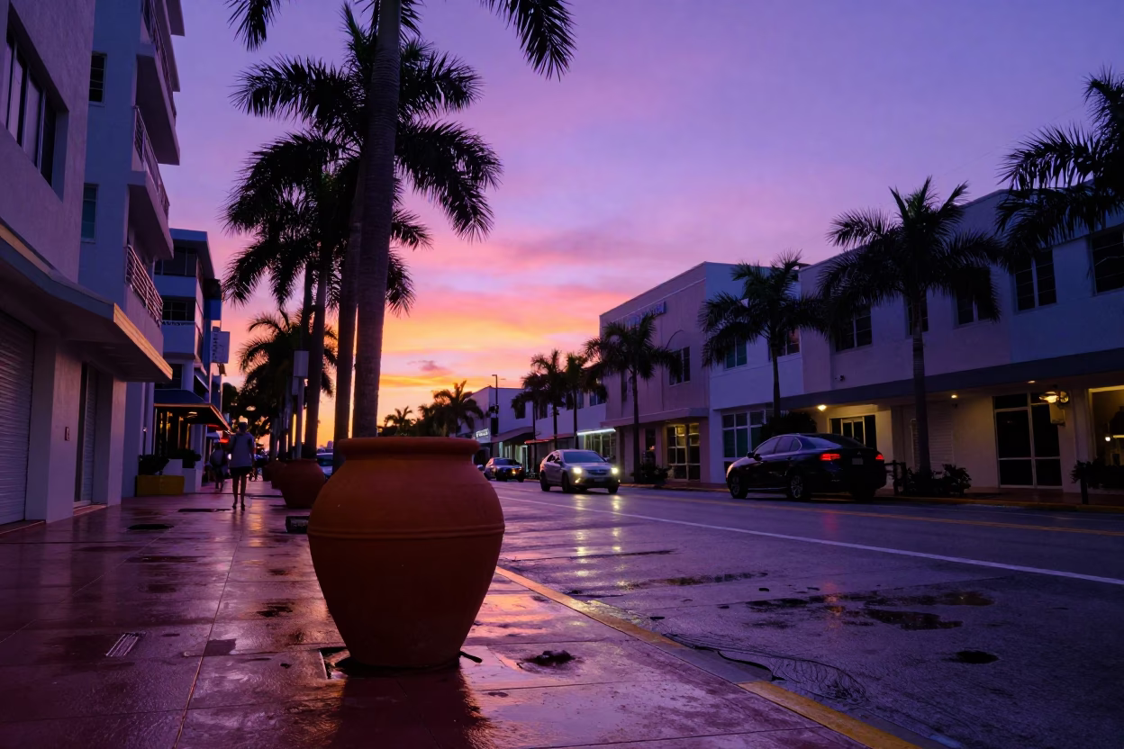 Vibrant Miami Sunset Street Scene with Clay Pot and Local Interaction in in Miami, Florida, United States