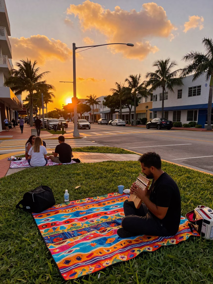 Vibrant Miami Sunset Street Scene with Picnic Blanket and Local Musician Under Jacaranda Tree in in Miami, Florida, United States