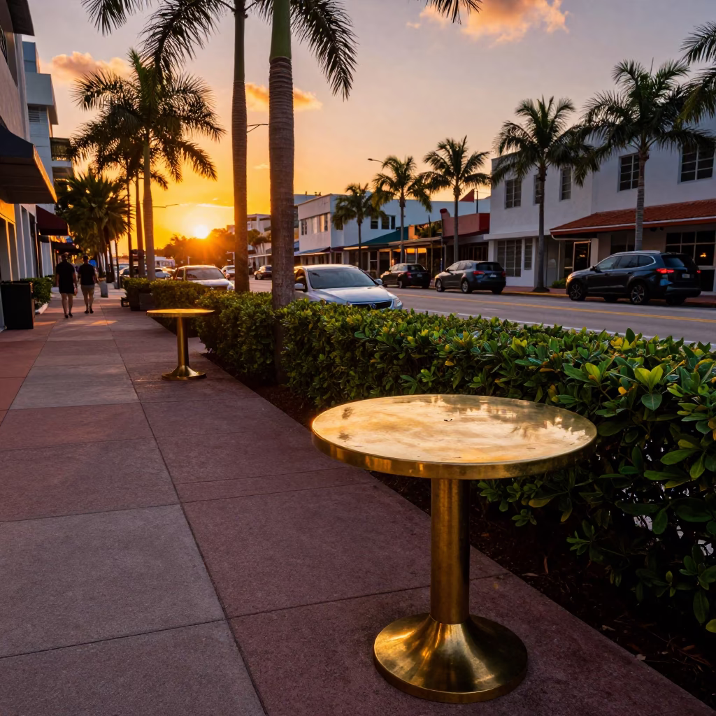 Vibrant Miami Sunset Street Scene with Polished Brass and Boxwood Hedge in in Miami, Florida, United States