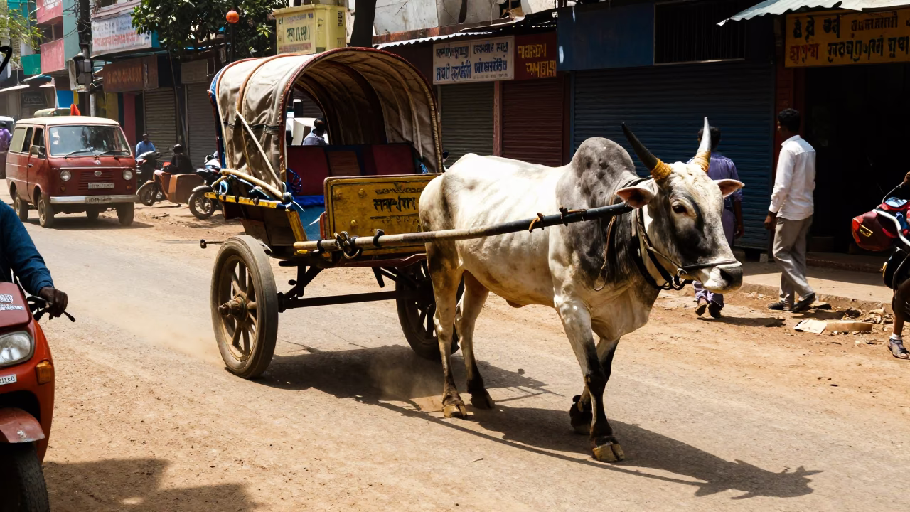 Vibrant Midday Delhi Street Scene with Ox Cart and Local Market Activity in in Delhi, India