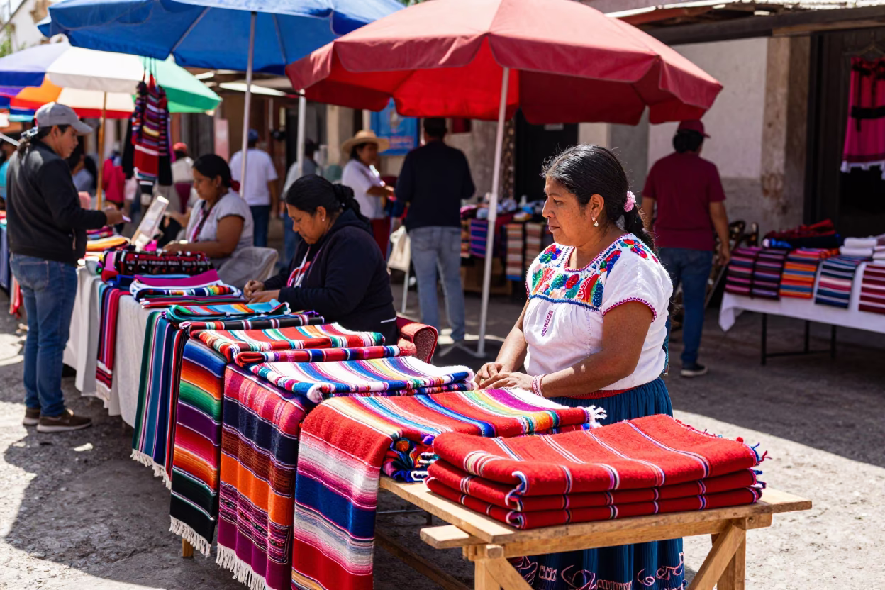 Vibrant Midday Market Scene in Oaxaca Mexico with Local Artisans and Colorful Textiles in in Oaxaca, Mexico