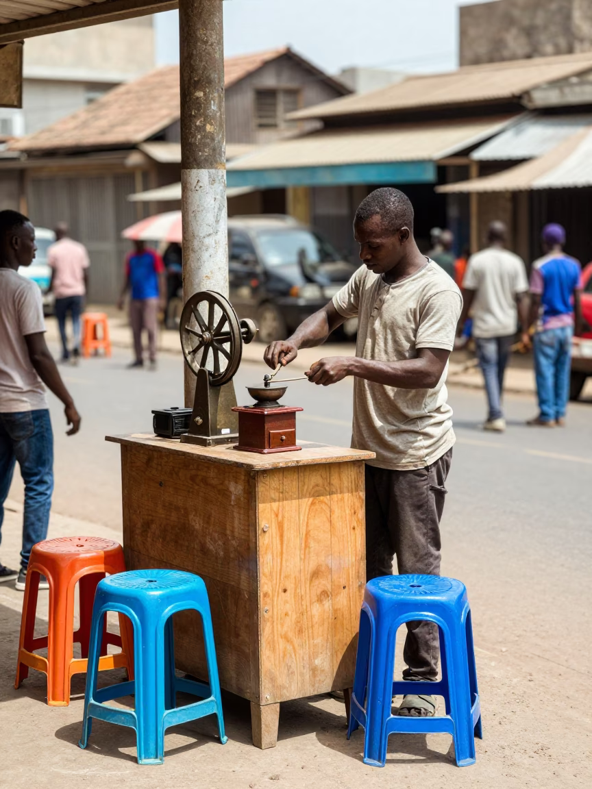 Vibrant Midday Street Scene in Accra Ghana with Vintage Coffee Grinder and Local Commerce in in Accra, Ghana