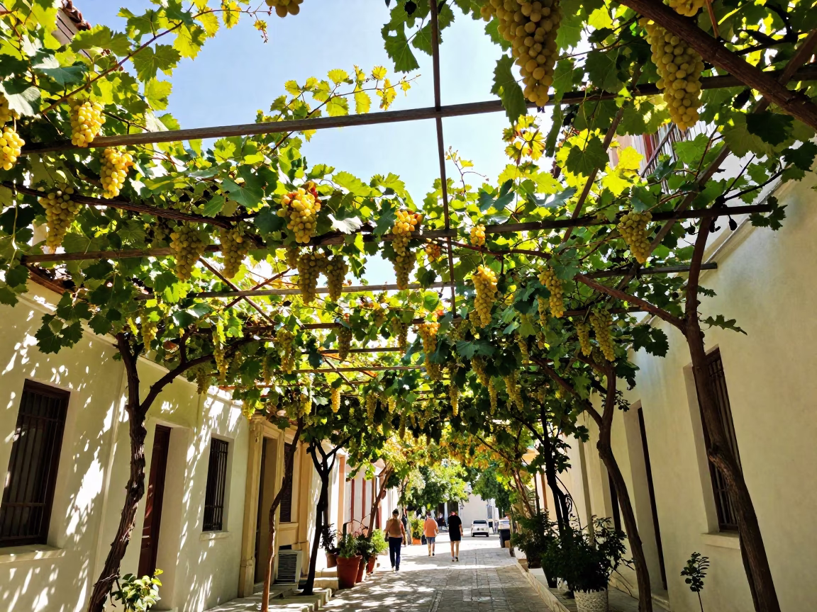 Vibrant Midday Street Scene in Athens Greece with Grapevines and Urban Architecture in in Athens, Greece