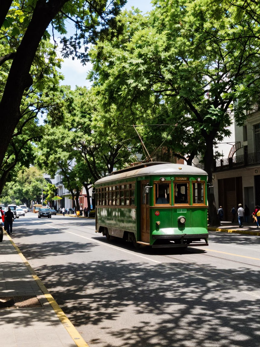 Vibrant Midday Street Scene in Buenos Aires Argentina with Vintage Trolley and Colorful Architecture in in Buenos Aires, Argentina