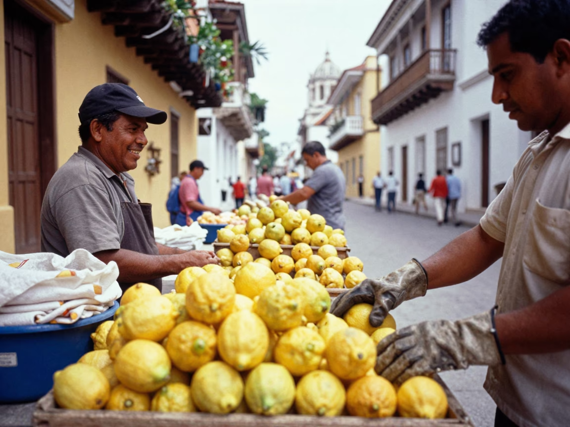 Vibrant Midday Street Scene in Cartagena Colombia with Workers and Fresh Lemons in in Cartagena, Colombia