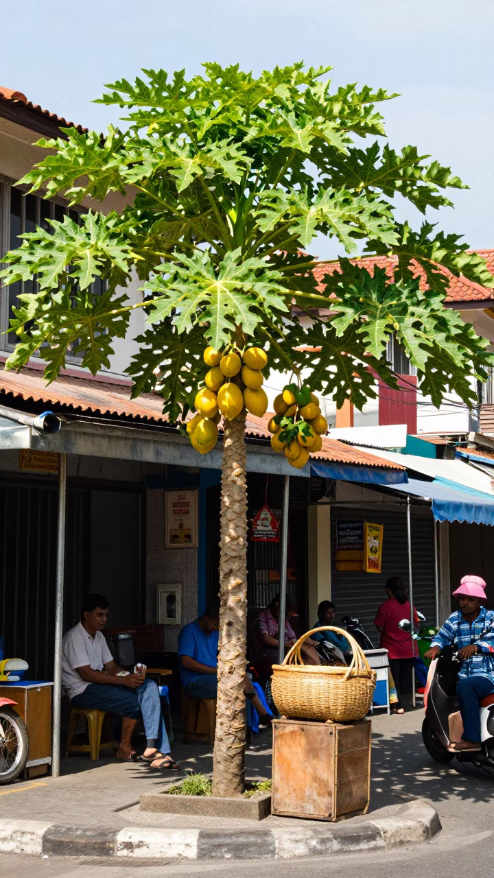 Vibrant Midday Street Scene in Denpasar Indonesia with Papaya Tree and Market Basket in in Denpasar, Indonesia