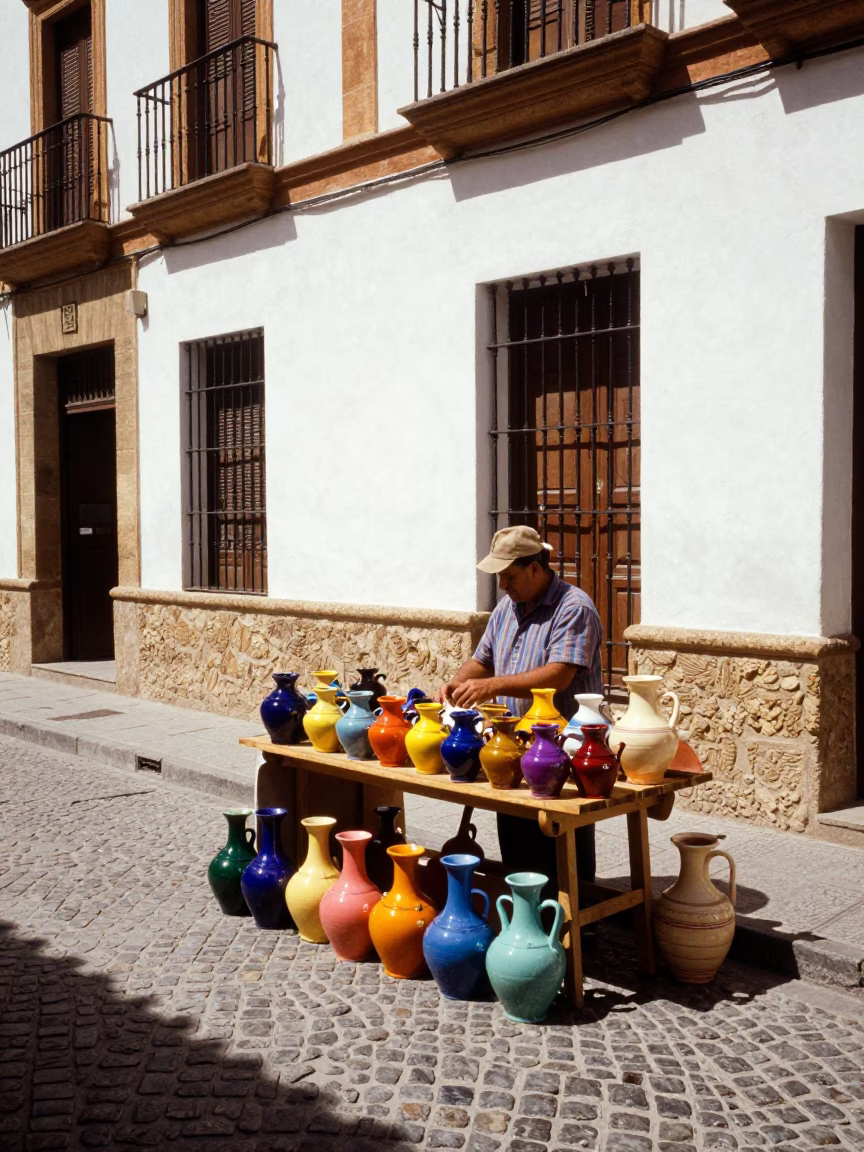 Vibrant Midday Street Scene in Granada Spain with Local Shopkeeper and Colorful Pottery in in Granada, Spain