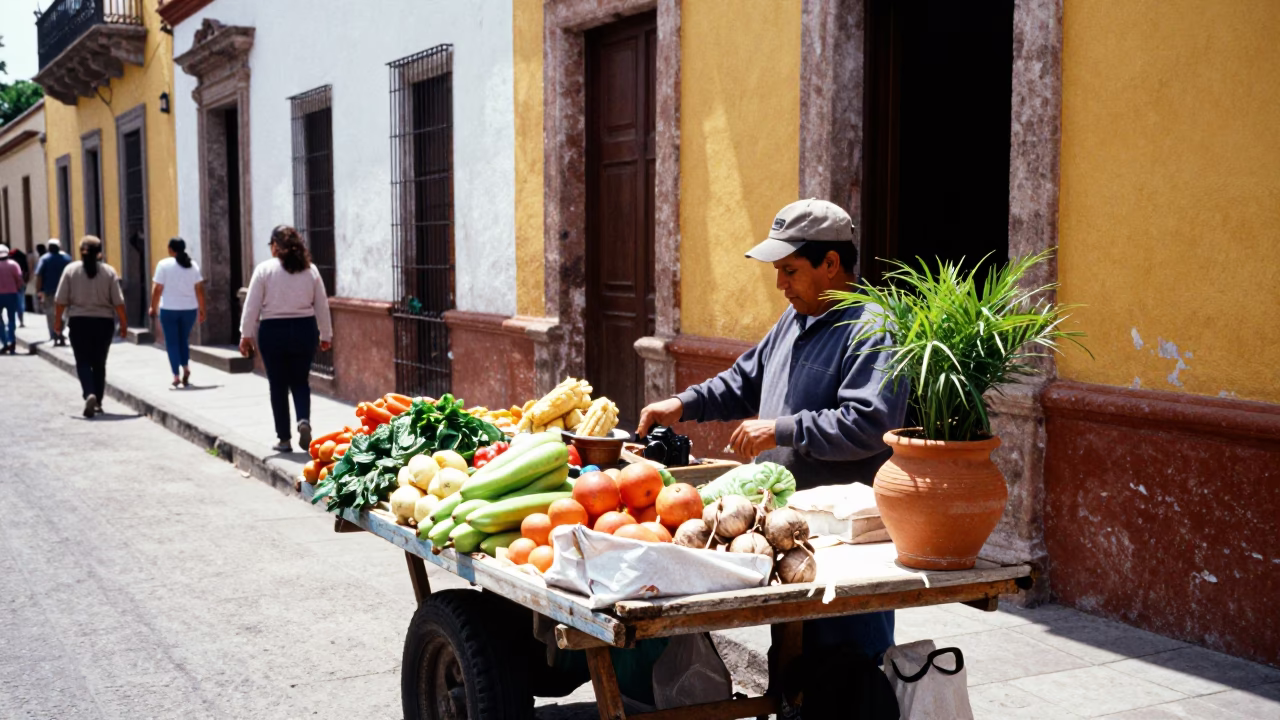 Vibrant Midday Street Scene in Guadalajara Mexico with Local Vendor and Plant Pot in in Guadalajara, Mexico