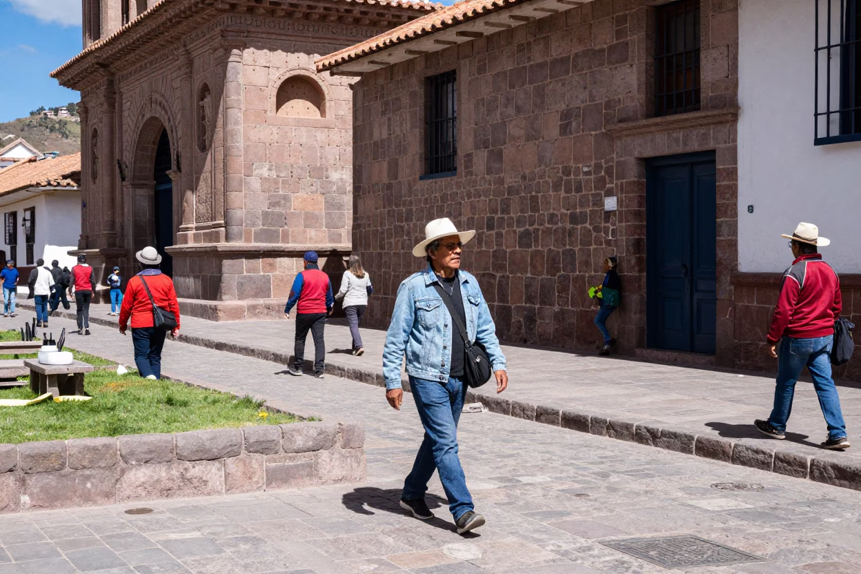 Vibrant Midday Street Scene in Historic Cusco Peru with Inca Stonework and Local Vendor in in Cusco, Peru