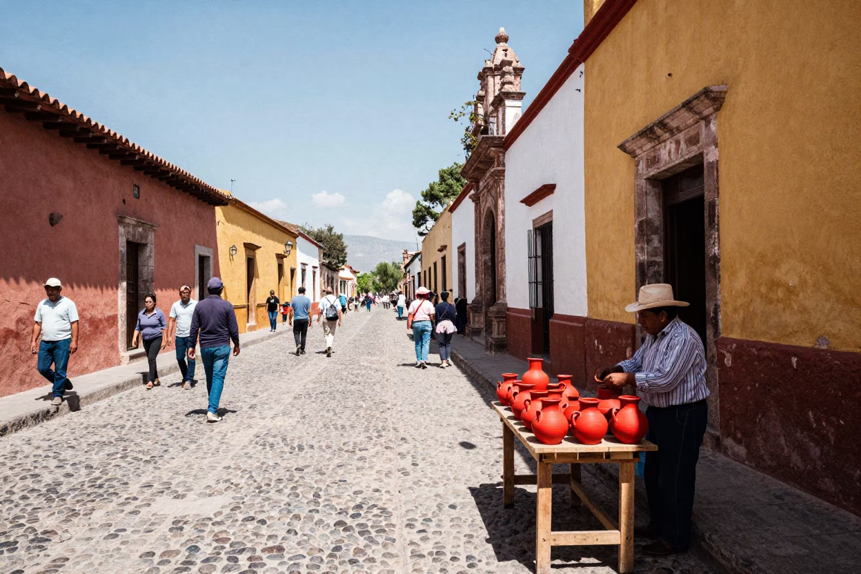 Vibrant Midday Street Scene in Historic Oaxaca Mexico with Traditional Market Activity in in Oaxaca, Mexico