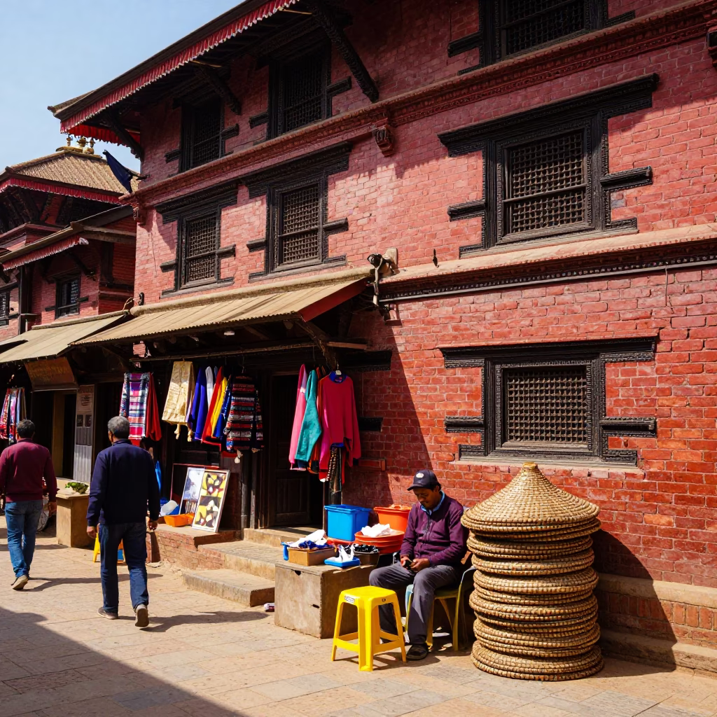 Vibrant Midday Street Scene in Kathmandu Nepal with Colorful Shops and Pedestrians in in Kathmandu, Nepal