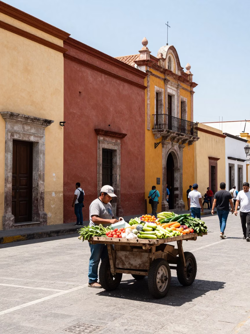 Vibrant Midday Street Scene in Oaxaca Mexico with Local Market Activity in in Oaxaca, Mexico