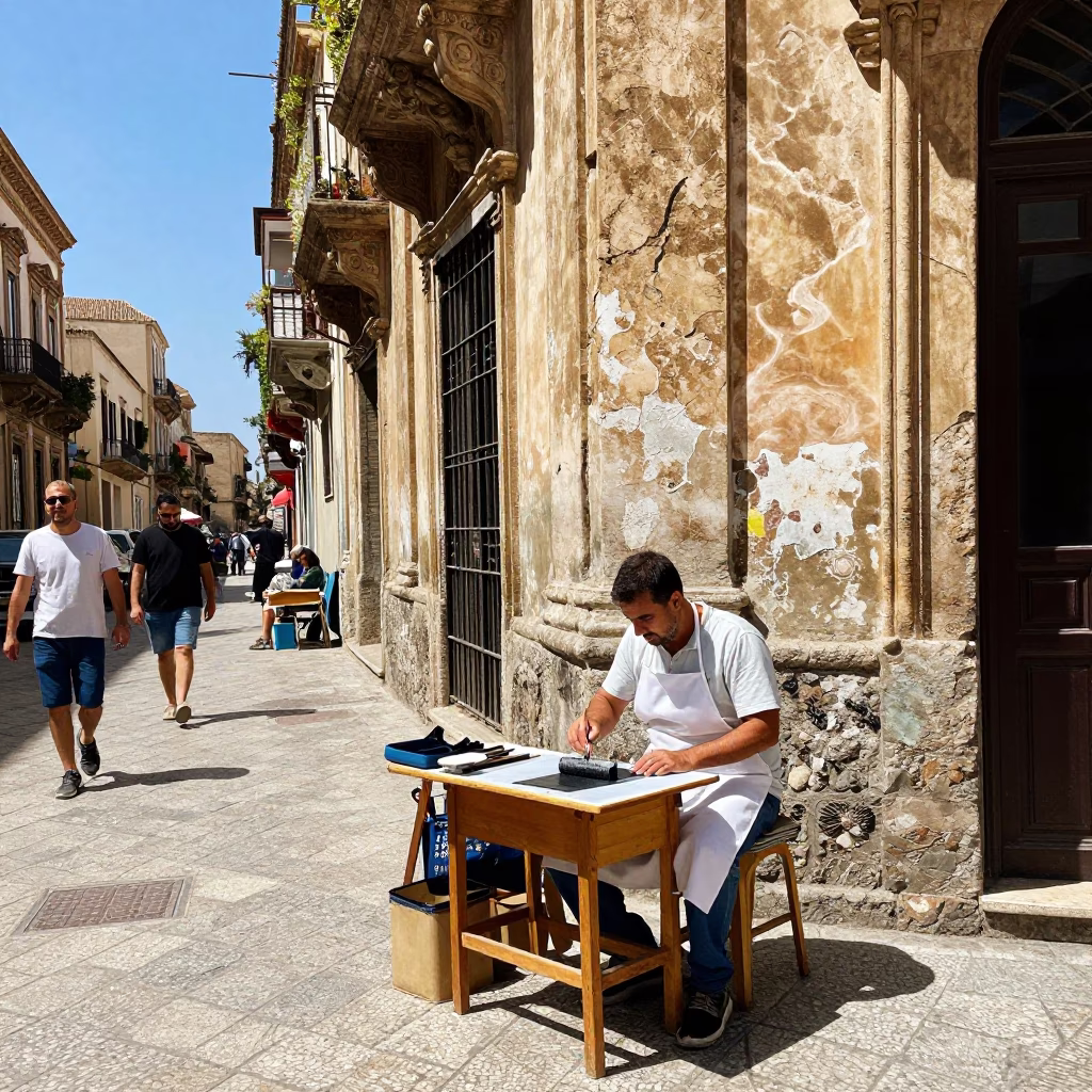 Vibrant Midday Street Scene in Palermo Italy with Local Artisan Craftsmanship in in Palermo, Italy