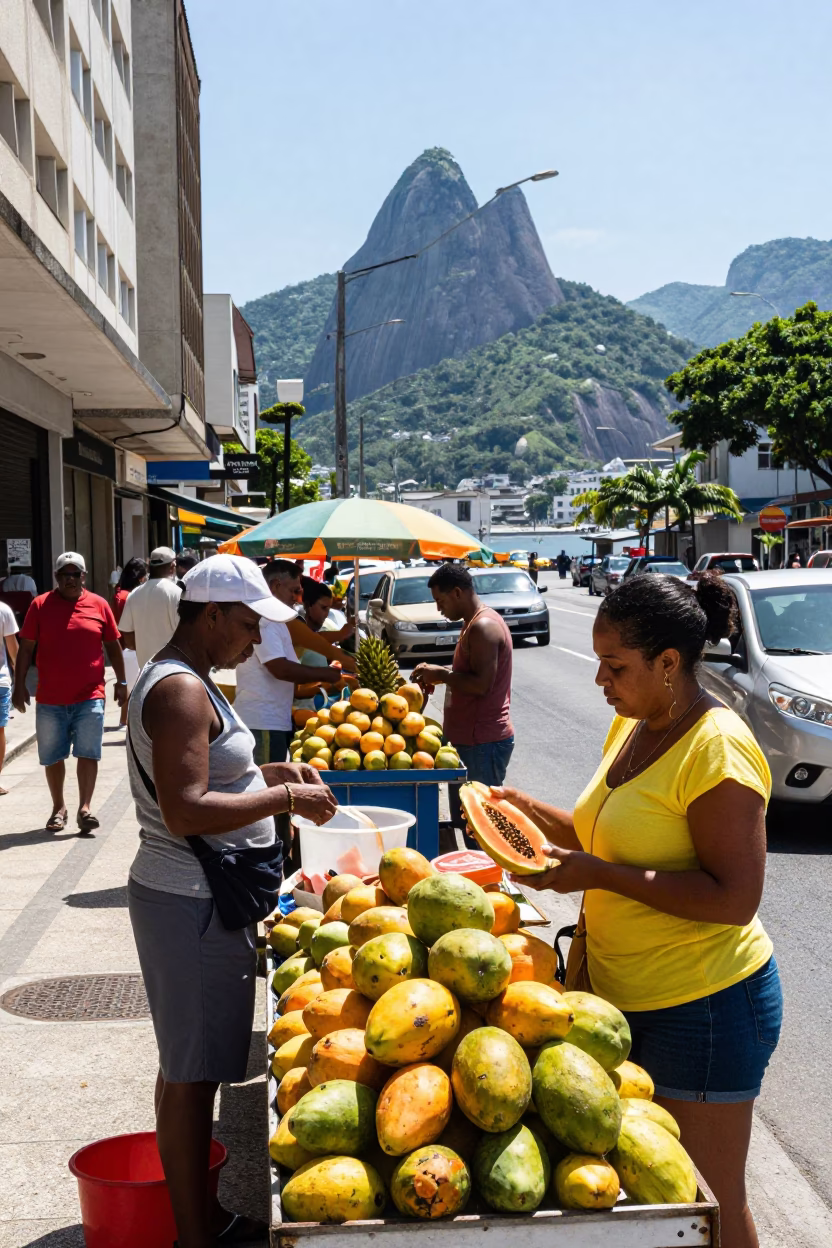 Vibrant Midday Street Scene in Rio de Janeiro Brazil with Local Vendors and Pedestrians in in Rio de Janeiro, Brazil