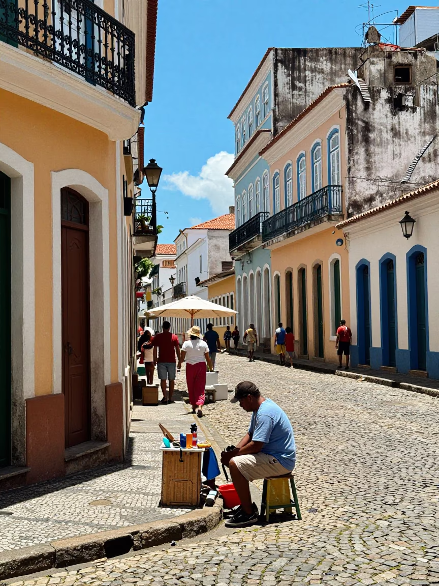 Vibrant Midday Street Scene in Salvador Brazil with Local Artisans and Traditional Decor in in Salvador, Brazil
