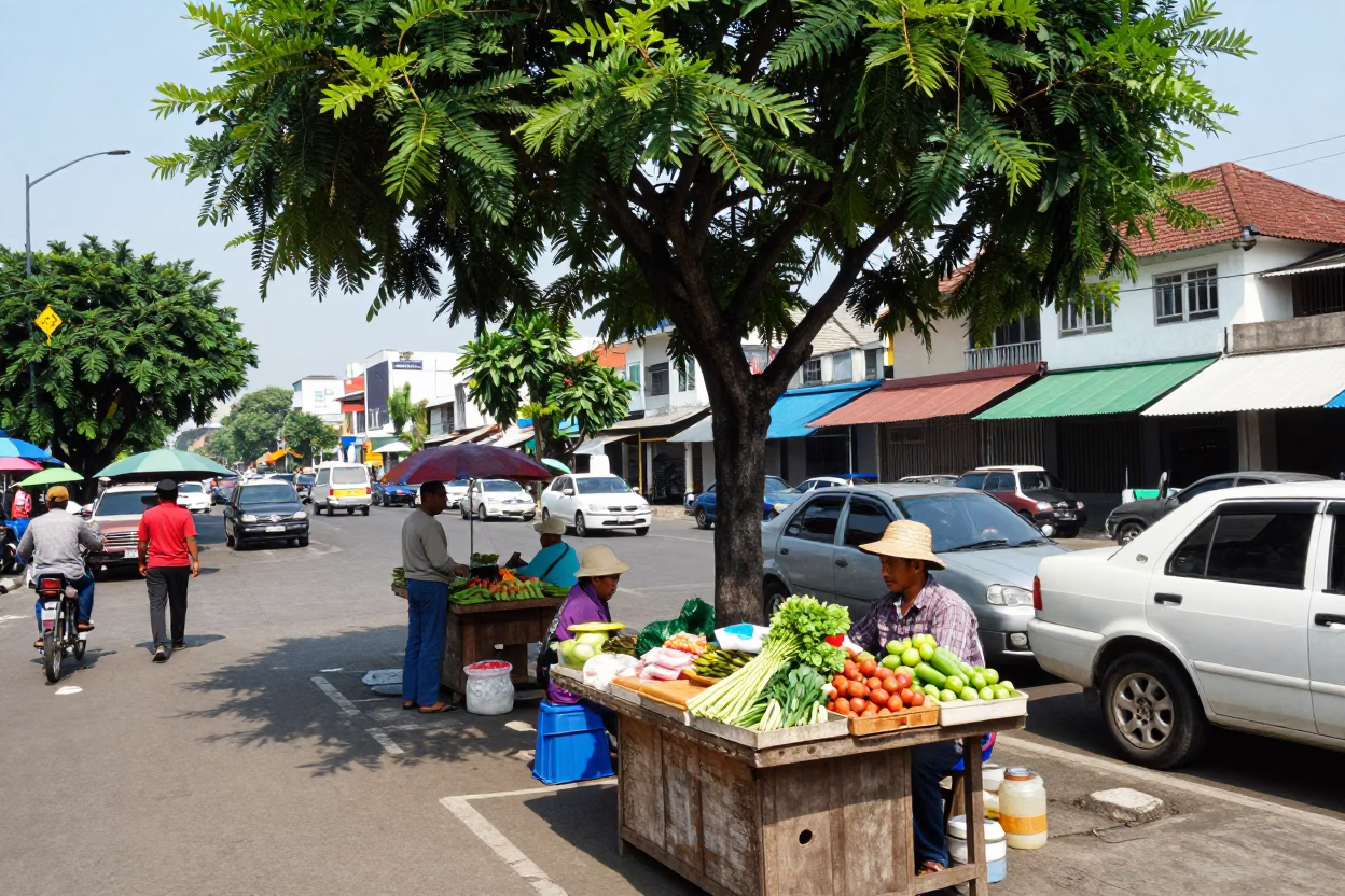 Vibrant Midday Street Scene in Surabaya Indonesia with Tamarind Tree and Local Market Activity in in Surabaya, Indonesia