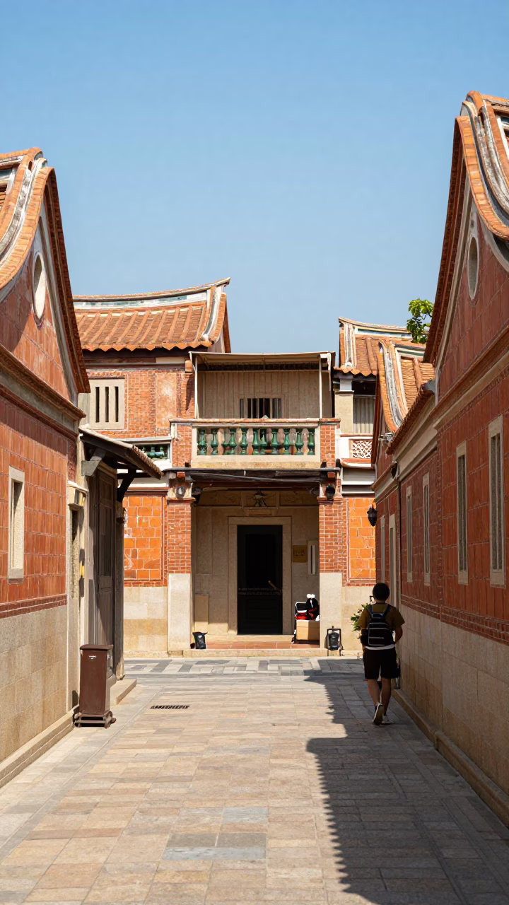 Vibrant Midday Street Scene in Tainan Taiwan with Traditional Architecture and Local Life in in Tainan, Taiwan