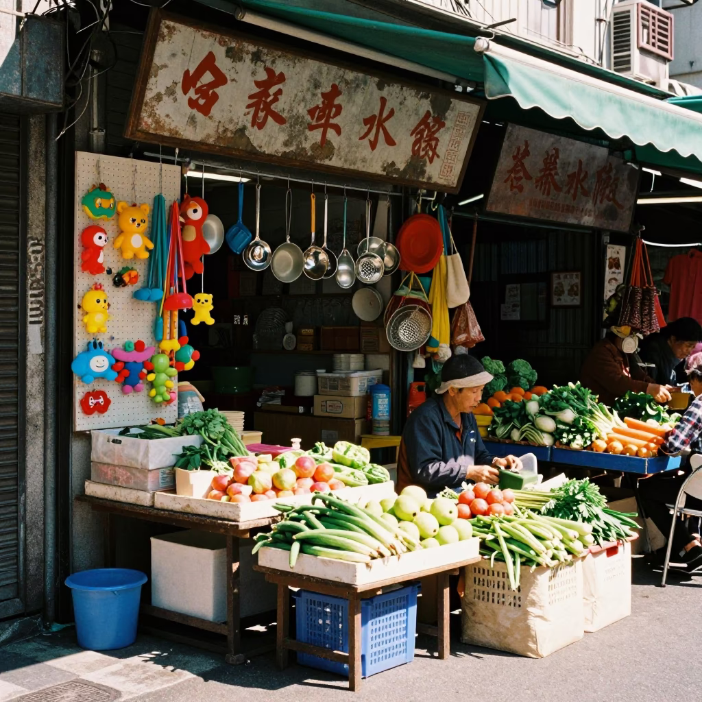 Vibrant Midday Street Scene in Taipei Taiwan with Local Market Details in in Taipei, Taiwan
