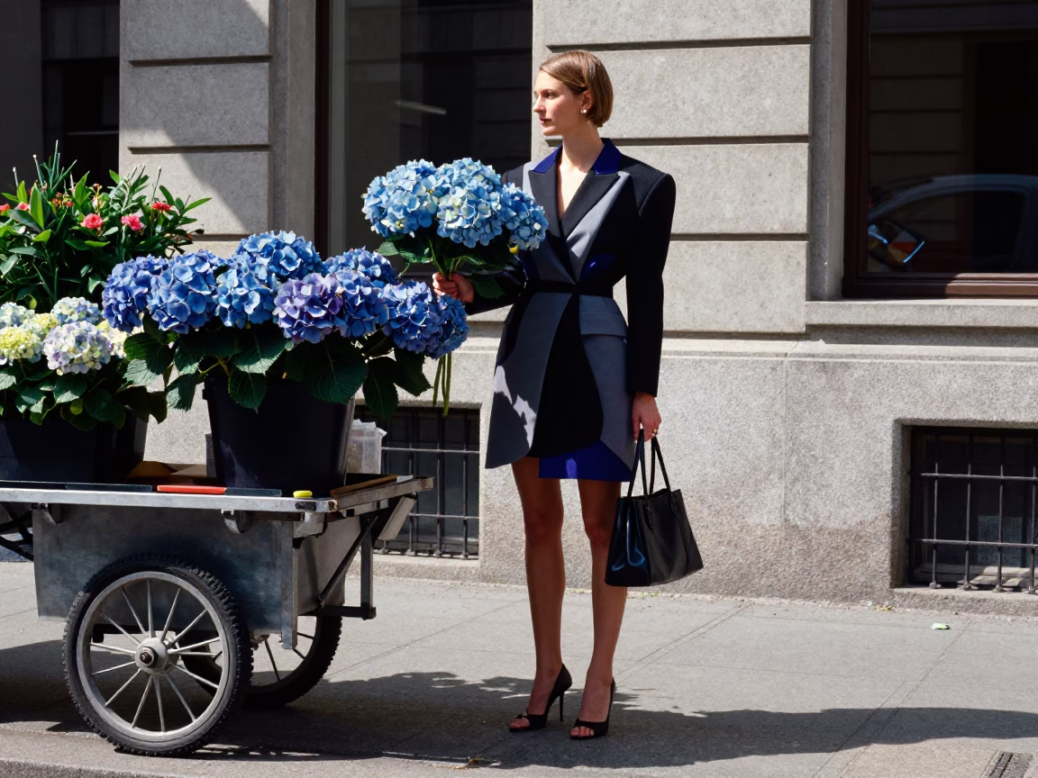 Vibrant Midday Street Style in Berlin Germany with Hydrangeas and Urban Fashion in in Berlin, Germany