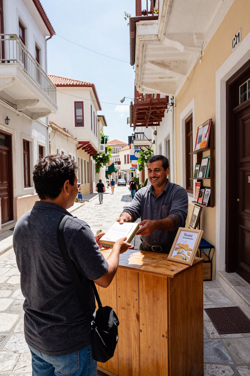 Vibrant Midmorning Street Scene in Athens Greece with Local Shopkeeper and Customers in in Athens, Greece