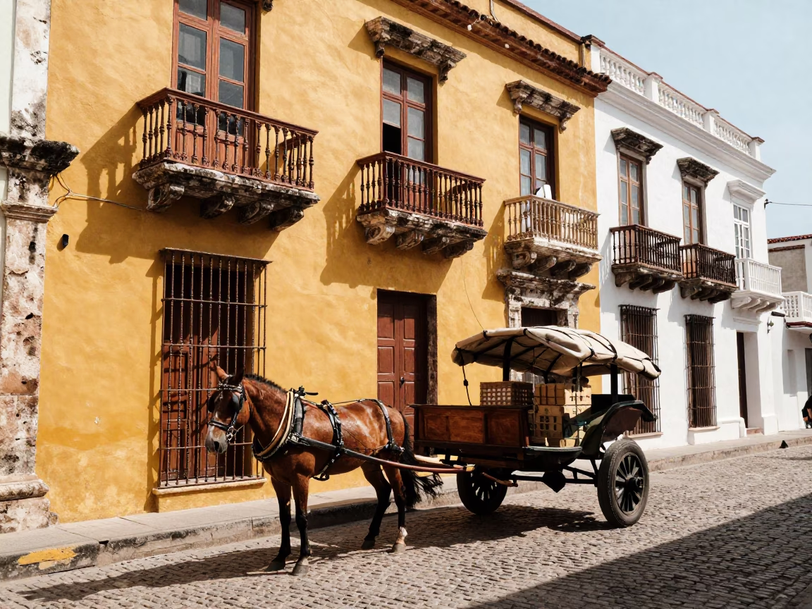 Vibrant Midmorning Street Scene in Cartagena Colombia with Horse-Drawn Cart in in Cartagena, Colombia