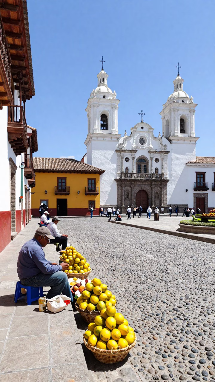 Vibrant Midmorning Street Scene in Historic Quito Ecuador with Colorful Colonial Architecture in in Quito, Ecuador