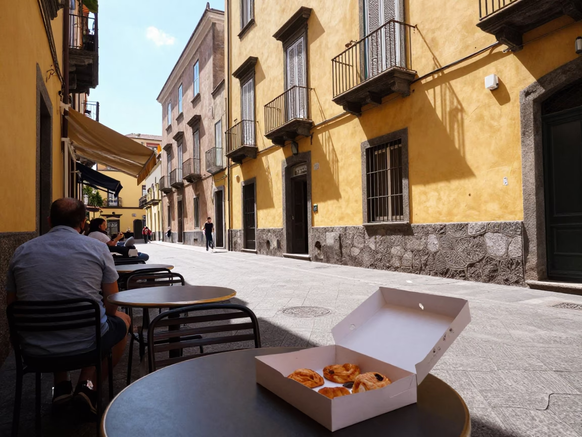 Vibrant Midmorning Street Scene in Naples Italy with Local Café and Pastries in in Naples, Italy