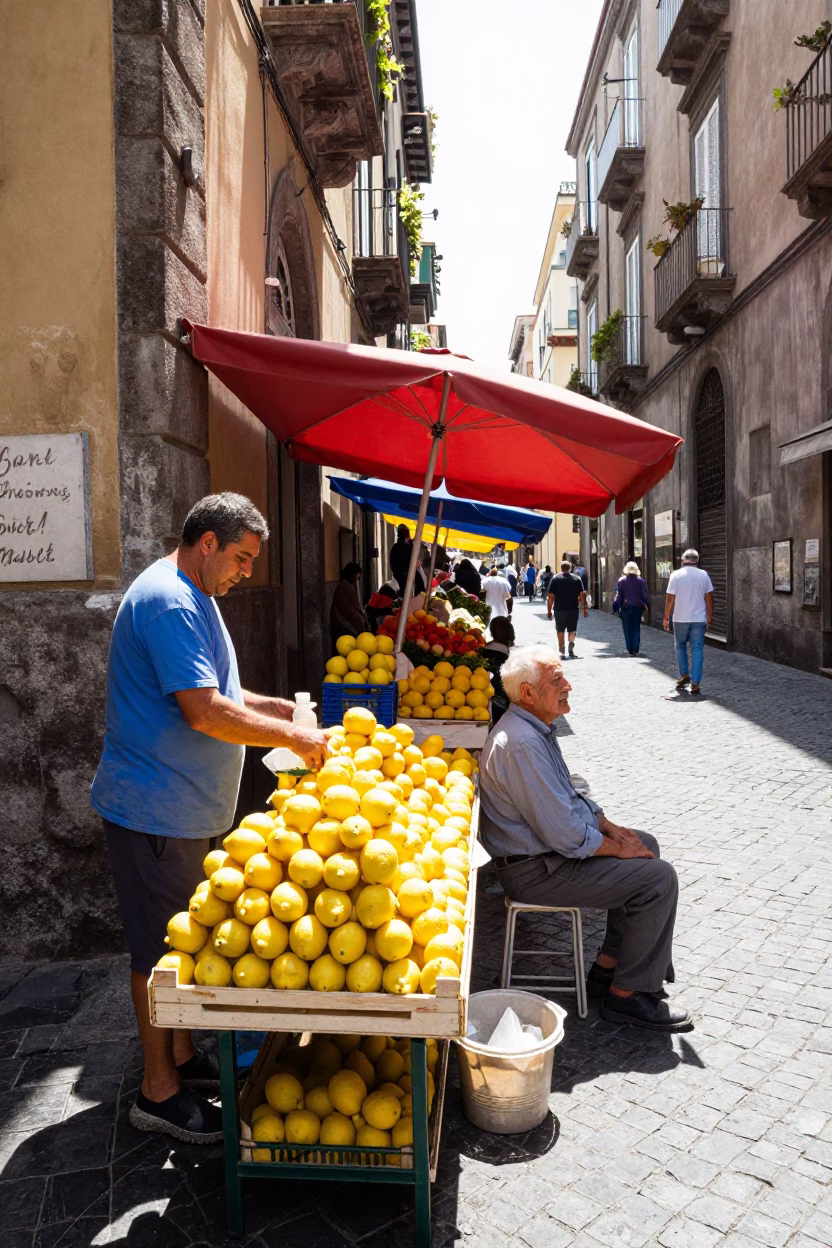 Vibrant Midmorning Street Scene in Naples Italy with Local Vendor and Vintage Domino Box in in Naples, Italy