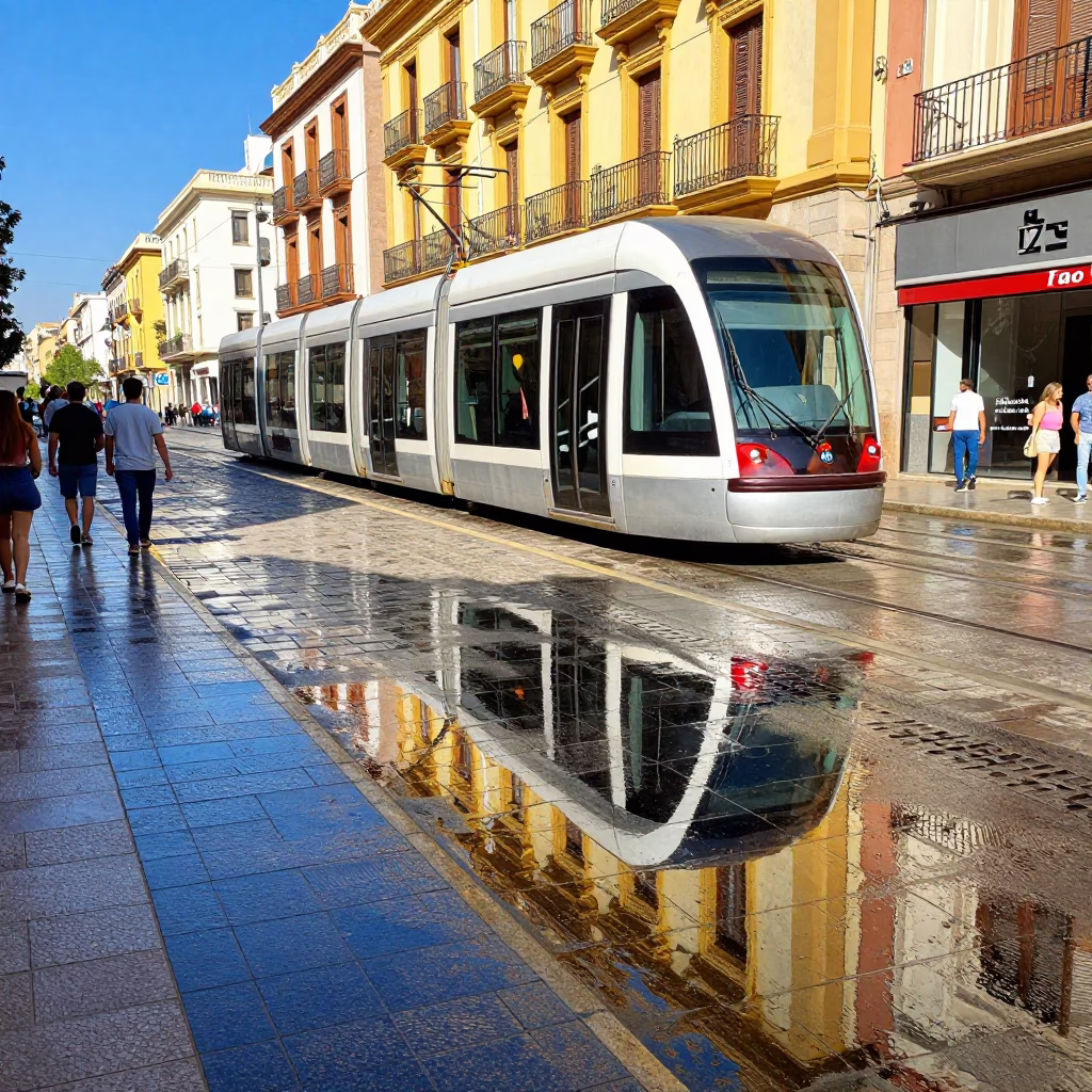 Vibrant Midmorning Street Scene in Valencia Spain with Tram Reflection and Plant Pot in in Valencia, Spain