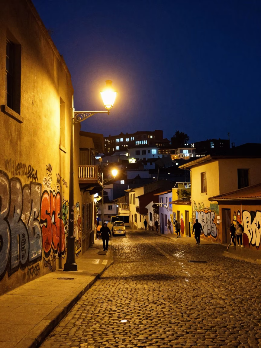 Vibrant Midnight Street Scene in Valparaiso Chile with Colorful Graffiti and Local Interaction in in Valparaiso, Chile