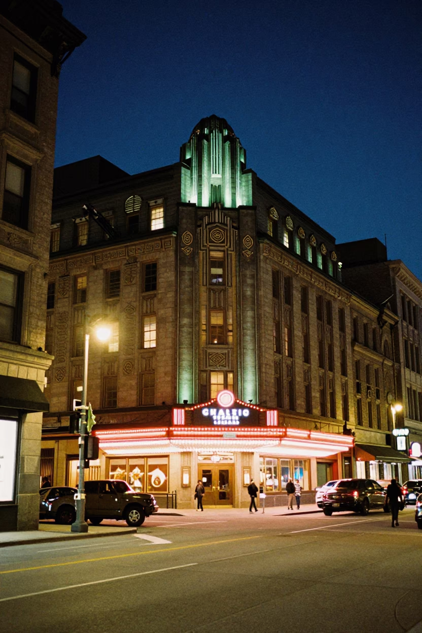 Vibrant Montreal Street Scene at Night with Art Deco Hotel and Local Life in in Montreal, Quebec, Canada