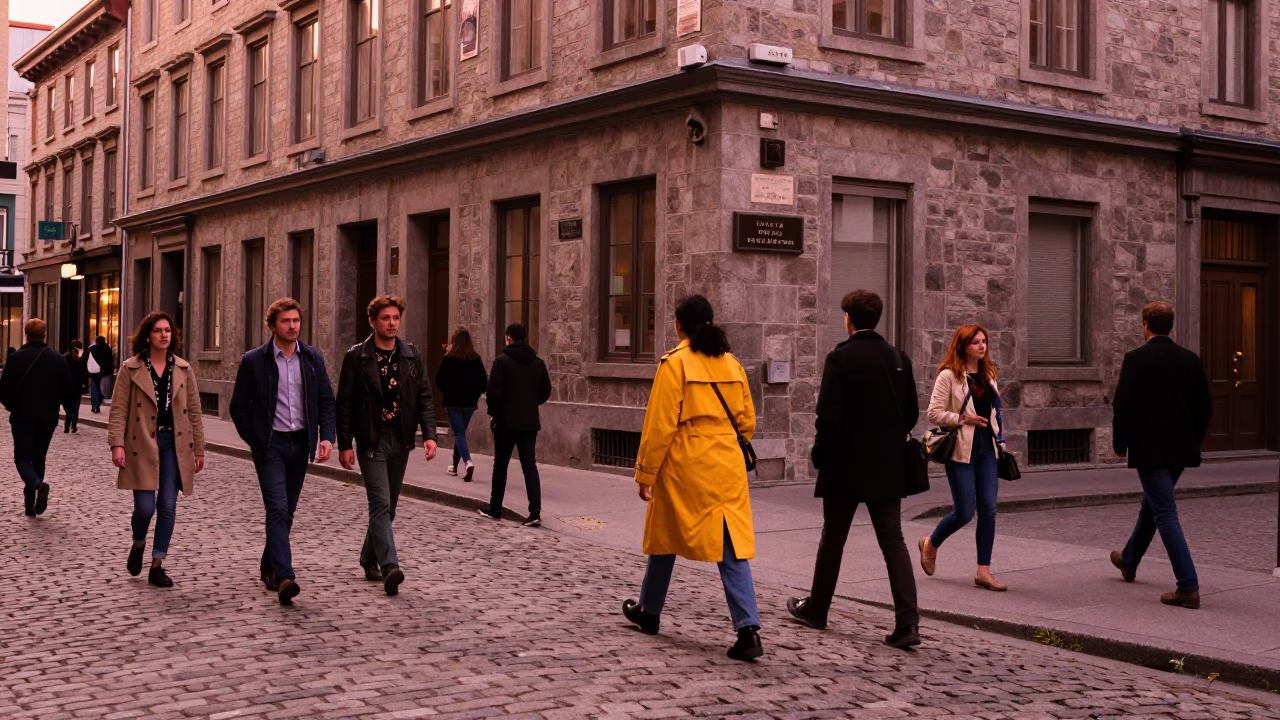 Vibrant Montreal Street Scene in Copper Dusk Light with Local Fashion and Urban Details in in Montreal, Quebec, Canada