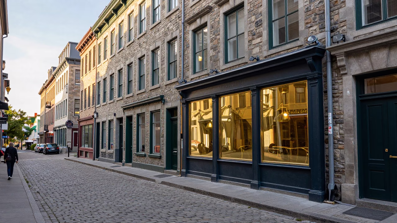 Vibrant Montreal Street Scene Late Afternoon with Brass Accents and Urban Life in in Montreal, Quebec, Canada