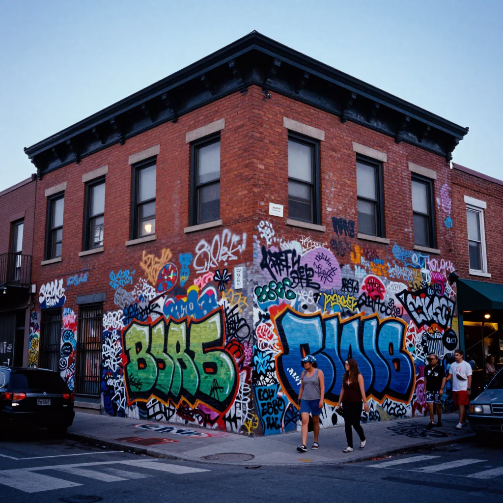 Vibrant Montreal Street Scene with Colorful Graffiti and Urban Life in in Montreal, Quebec, Canada