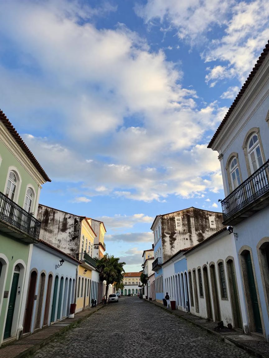 Vibrant Morning Glory Clouds Over Historic Salvador Brazil Afternoon Street Scene in in Salvador, Brazil