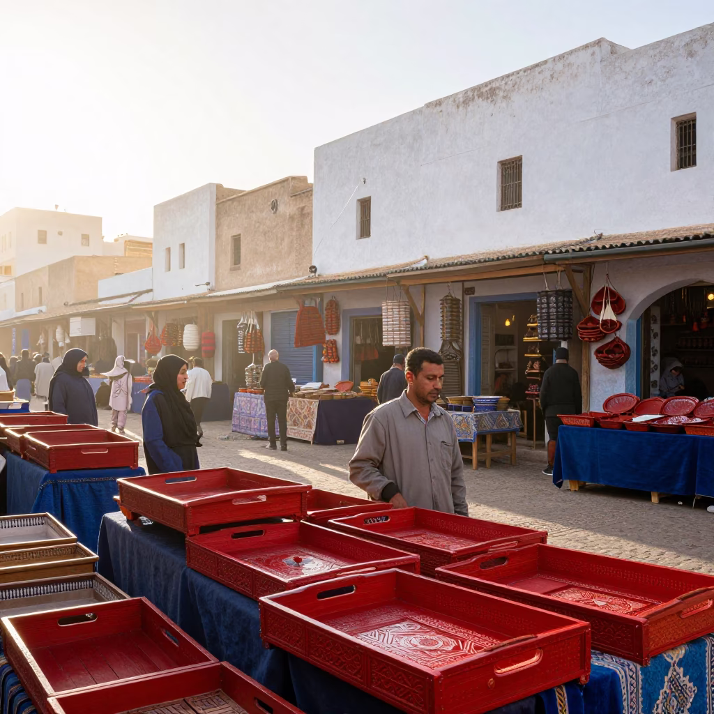 Vibrant Morning Market Scene in Essaouira Morocco with Red Lacquered Wood and Local Commerce in in Essaouira, Morocco