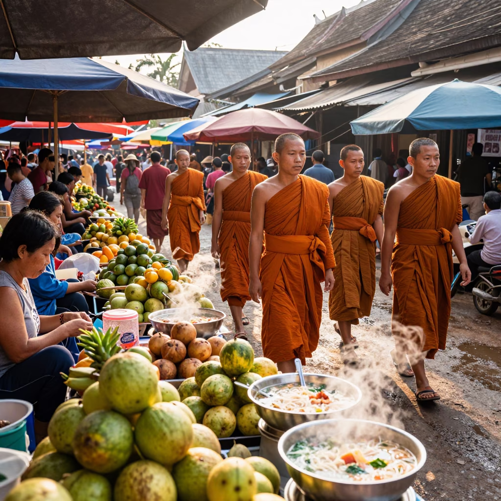 Vibrant Morning Market Scene in Luang Prabang Laos with Monks and Local Vendors in in Luang Prabang, Laos
